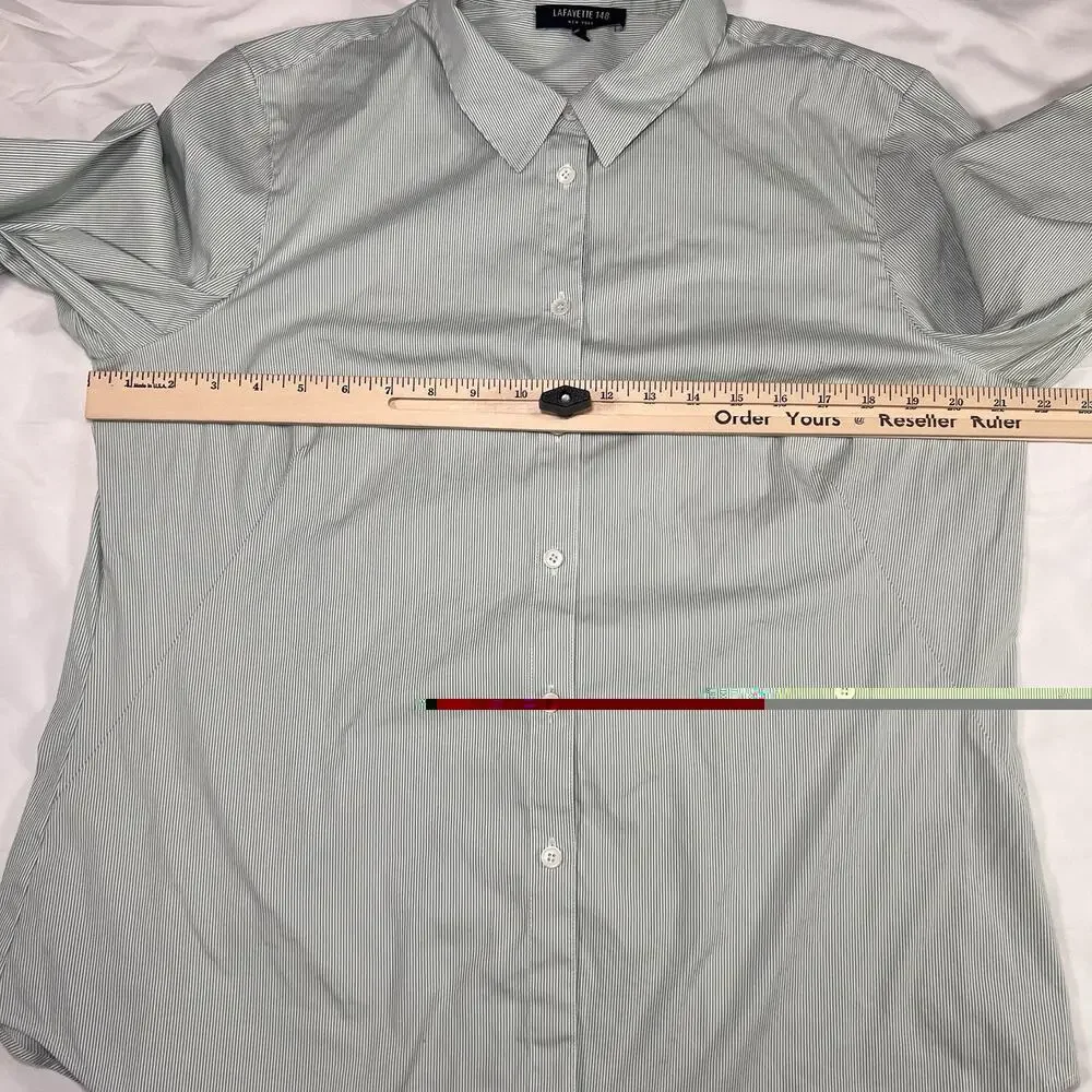 Lafayette 148 New York Shirt Womens Size 14 Green Stripe Button Front Top Blouse - Picture 9 of 14